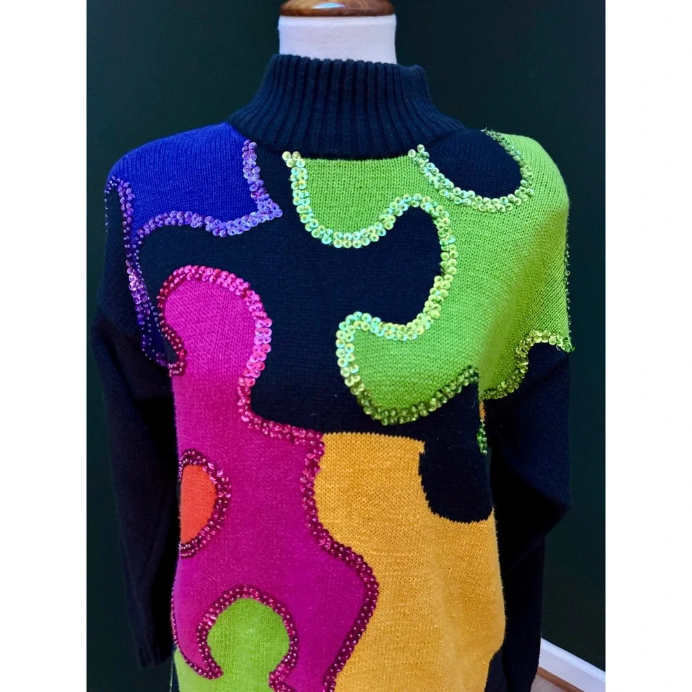 Vintage Santoria 1992 Funky Puzzle‎ Piece Sequin Turtleneck Sweater Dress M